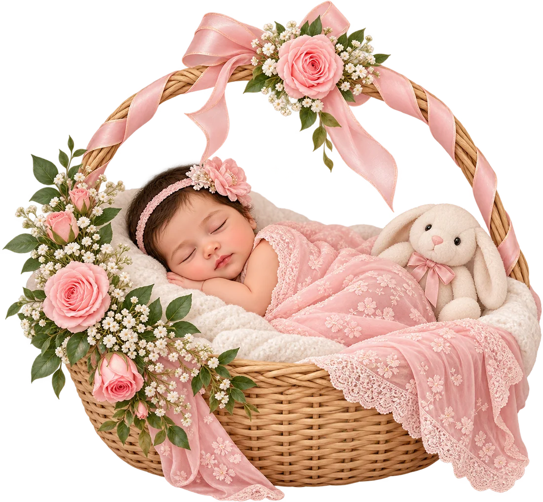 Baby Inaya sleeping in a wicker basket wrapped in a pink lace blanket, surrounded by roses